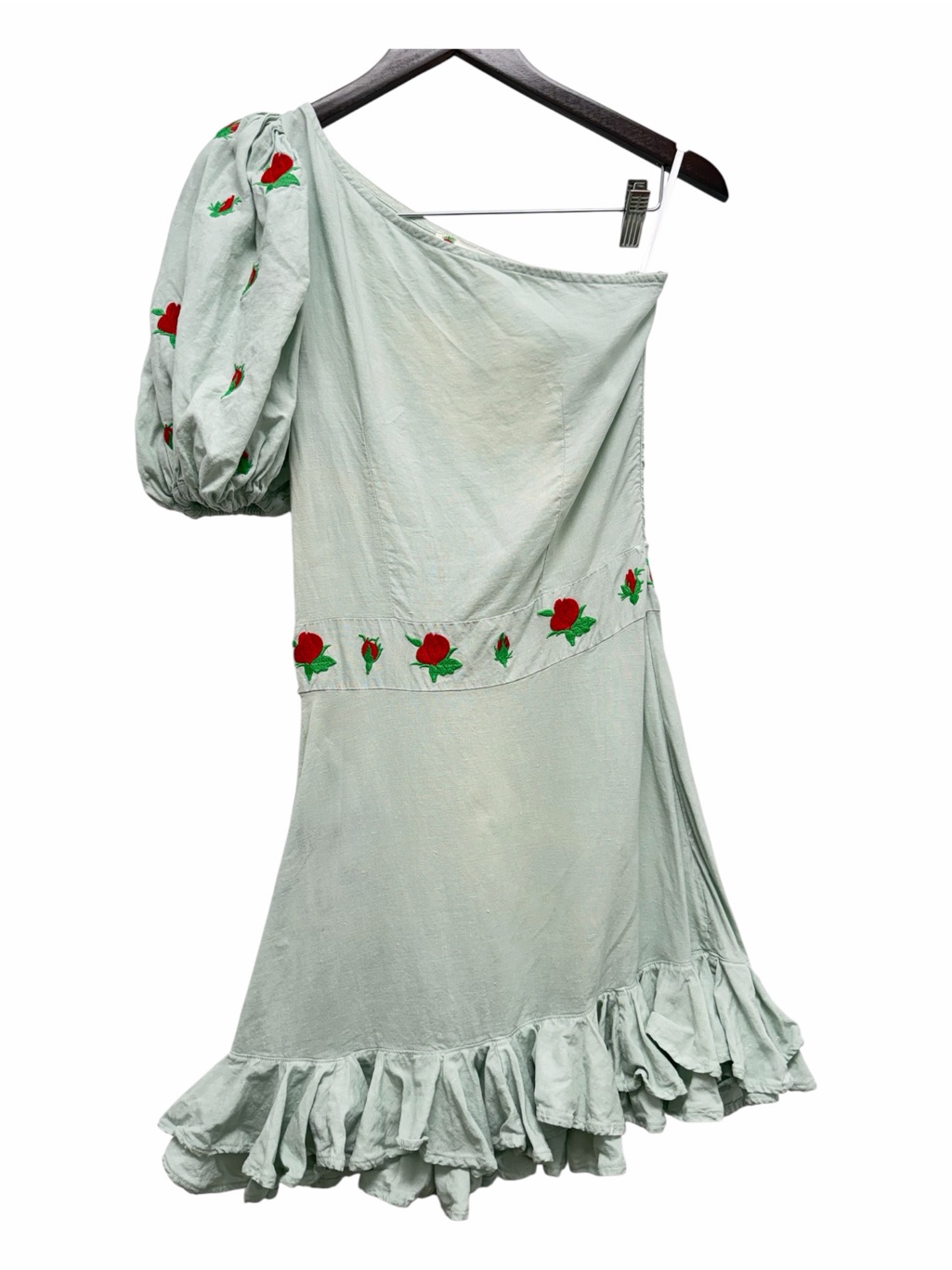 Fanm Mon Flame Linen Ruffled Embroidered Mint Green Mini Dress Size Xs